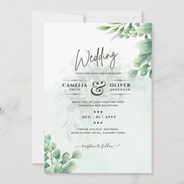 Invitación Greenery Gold Eucalyptus BODA QR CÓDIGO Moderno (Anverso)