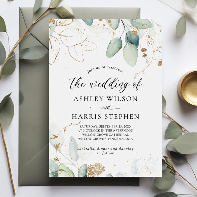 Invitación Greenery Gold Eucalyptus Rustic Boda (Subido por el creador)