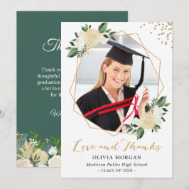 Invitación Greenery Gold Floral Graduation Photo You
