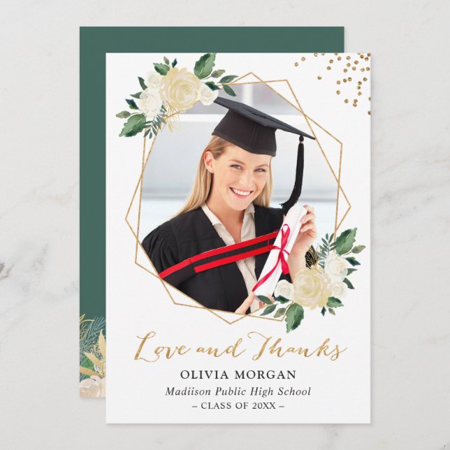 Invitación Greenery Gold Floral Graduation Photo You (Anverso / Reverso)