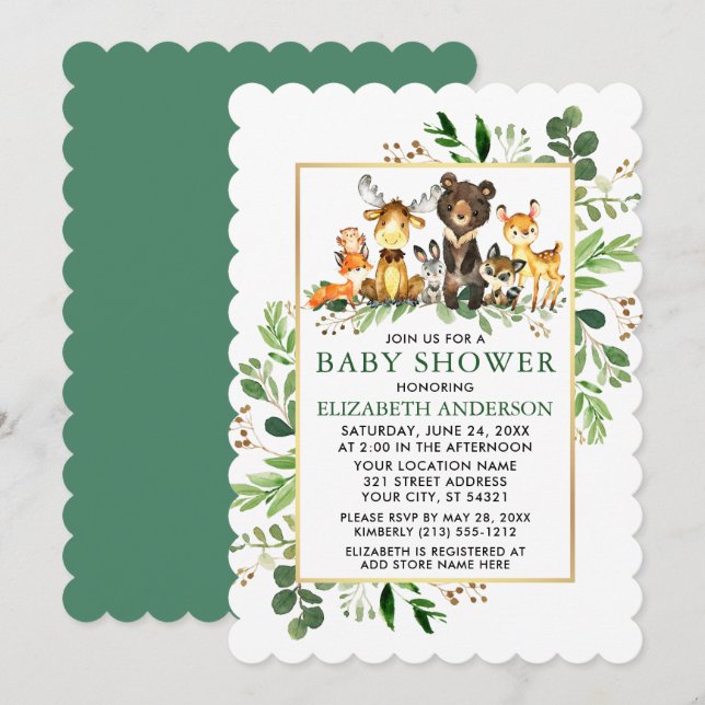 Invitación Greenery Gold Frame Woodland Animals Baby Shower (Anverso / Reverso)