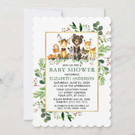 Invitación Greenery Gold Frame Woodland Animals Baby Shower