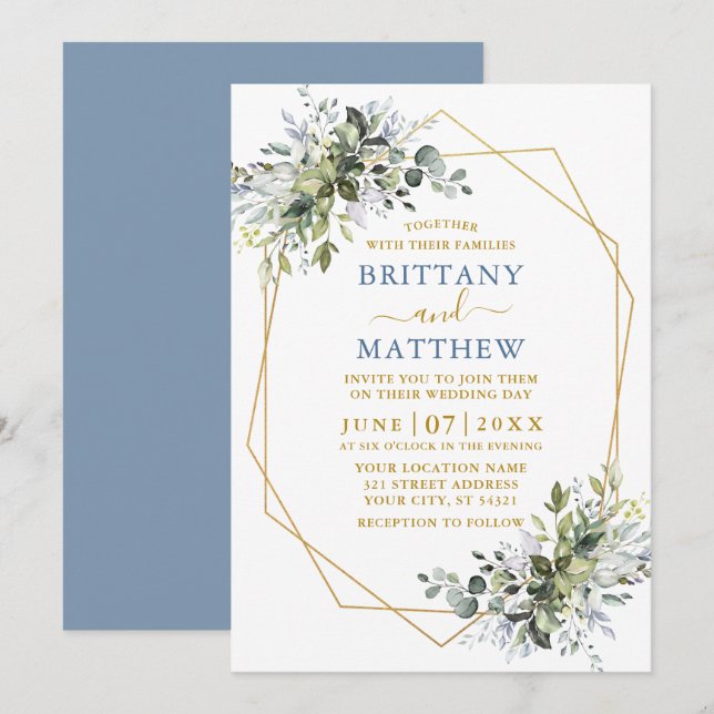 Invitación Greenery Gold Geo Frame Dusty Blue Boda (Anverso / Reverso)