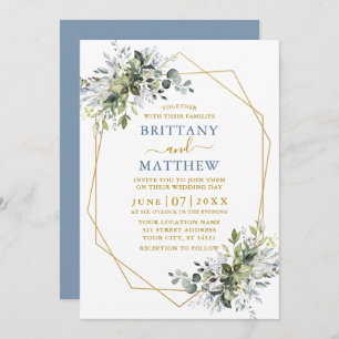 Invitación Greenery Gold Geo Frame Dusty Blue Boda
