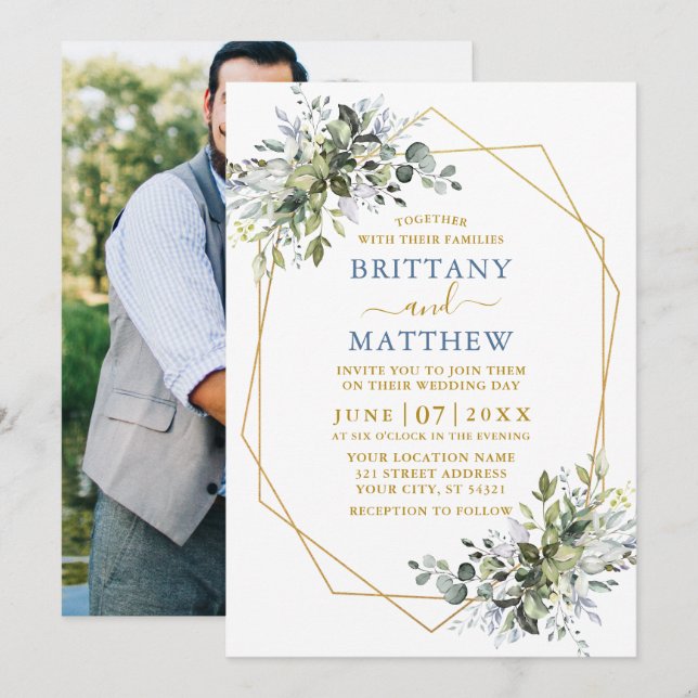 Invitación Greenery Gold Geo Frame Dusty Blue Photo Boda (Anverso / Reverso)