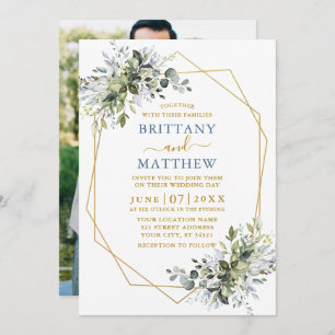 Invitación Greenery Gold Geo Frame Dusty Blue Photo Boda