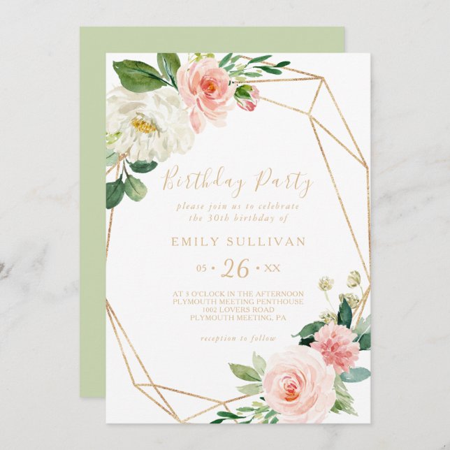 Invitación Greenery & Gold Geometric 30th Birthday Fiesta (Anverso / Reverso)