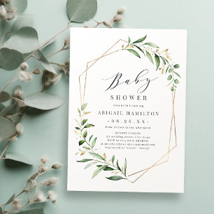 Invitación Greenery Gold Geometric Rustic Baby Shower