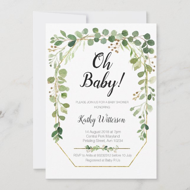 Invitación Greenery Gold Purpurinas Baby Shower (Anverso)