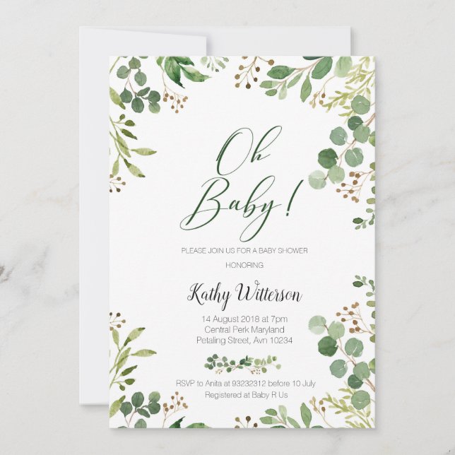 Invitación Greenery Gold Purpurinas Baby Shower botánico (Anverso)