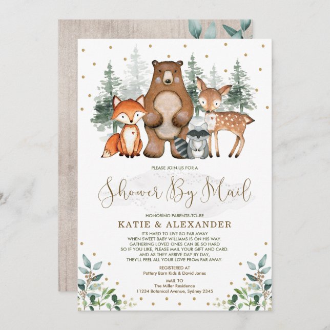 Invitación Greenery Gold Woodland Animals Baby Shower Por Cor (Anverso / Reverso)