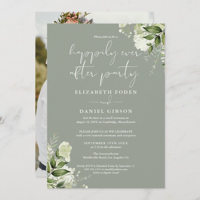 Invitación Greenery Happily Ever After Eloped Wedding Photo (Anverso / Reverso)