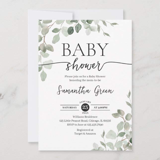 Invitación Greenery Hello Baby Baby Shower (Anverso)