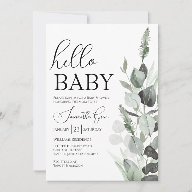 Invitación Greenery Hello Baby Baby Shower (Anverso)