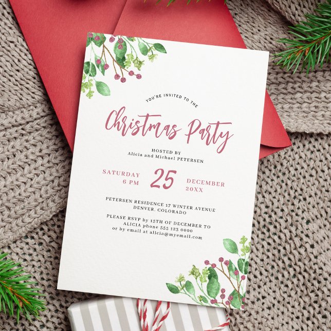 Invitación Greenery holly berry elegantes Navidades fiesta (Subido por el creador)