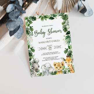 Invitación Greenery Jungle Safari Animals Baby Shower