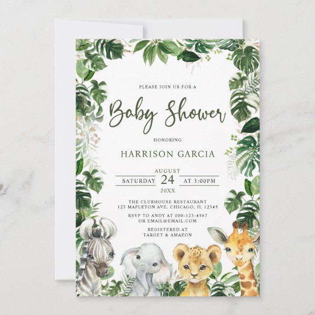 Invitación Greenery Jungle Safari Animals Baby Shower (Anverso)