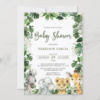 Invitación Greenery Jungle Safari Animals Baby Shower
