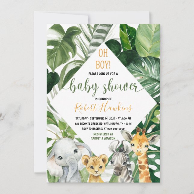 Invitación Greenery Jungle safari Baby Shower Invitation Boy (Anverso)