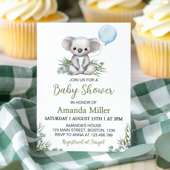 Invitación Greenery Koala Blue Balloon Baby Shower (Subido por el creador)