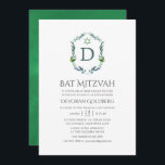 Invitación Greenery Laurel Escudo Bat Mitzvah<br><div class="desc">Escudo de leafy monogramed bat mitzvah invitación personalizable con su inicial.</div>