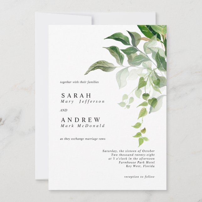 Invitación Greenery Leaves Modern Minimal Wedding (Anverso)