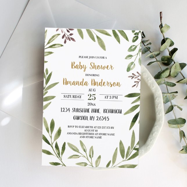Invitación Greenery Leaves Watercolor Baby Shower (Subido por el creador)