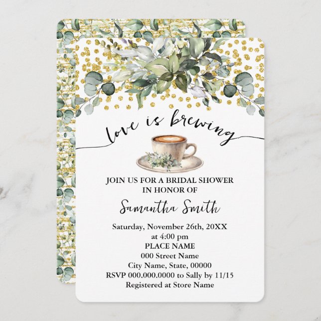 Invitación Greenery Love is Brewing Bridal Shower Coffee Bar (Anverso / Reverso)