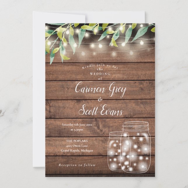 Invitación Greenery Mason Jar String Luces Boda de madera (Anverso)