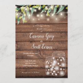 Invitación Greenery Mason Jar String Luces Boda de madera