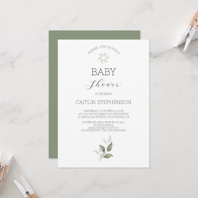 Invitación Greenery Modern Baby Shower (Anverso/Reverso In Situ)