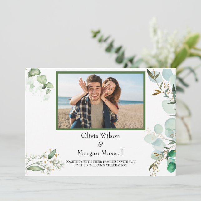 Invitación Greenery Modern Photo Save The Date Invitation (Anverso de pie)