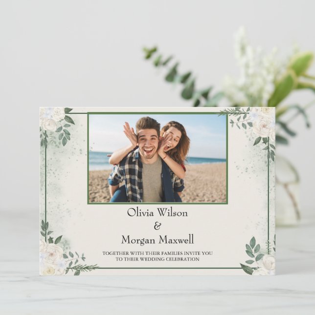 Invitación Greenery Modern Photo Save The Date Invitation (Anverso de pie)