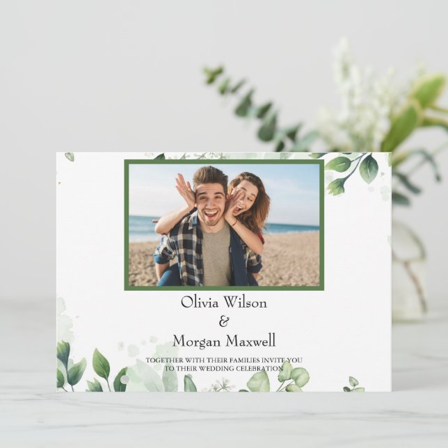 Invitación Greenery Modern Photo Save The Date Invitation (Anverso de pie)