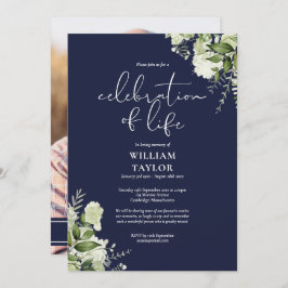 Invitación Greenery Navy Blue Celebration of Life Photo