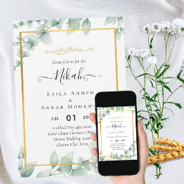 Invitación Greenery NIKAH WALIMAH Eucalyptus GOLD QR CÓDIGO