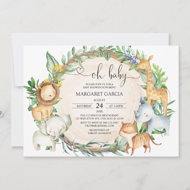 Invitación Greenery Oh Baby Jungle Safari Animals Baby Shower (Anverso)