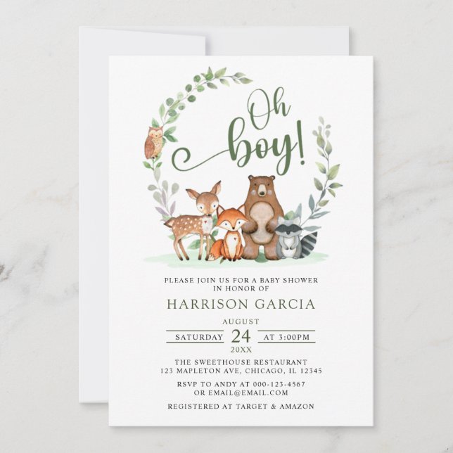 Invitación Greenery Oh Boy Woodland Animals Baby Shower (Anverso)