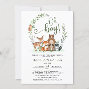 Invitación Greenery Oh Boy Woodland Animals Baby Shower