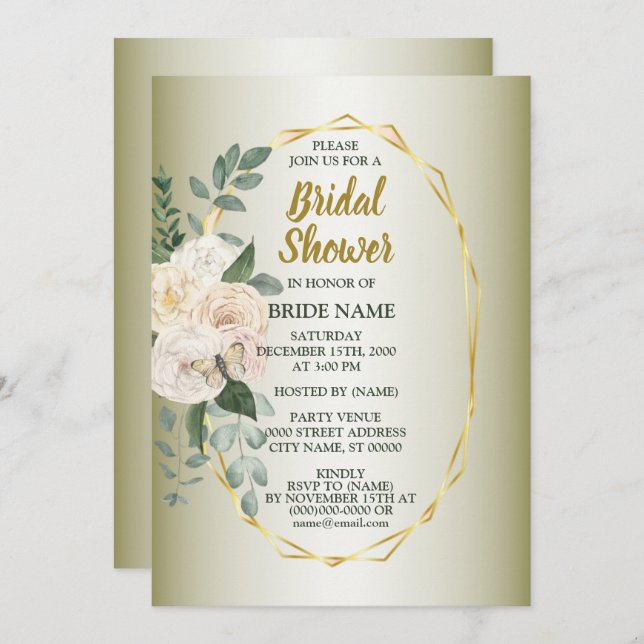 Invitación Greenery  Pink Floral Gold Geometric Bridal Shower (Anverso / Reverso)