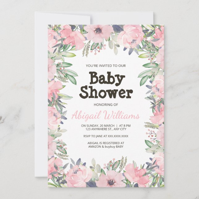 Invitación Greenery Pink Flower Baby Shower (Anverso)