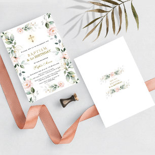 Invitación Greenery Pink Flowers Baptism 1st Birthday Party