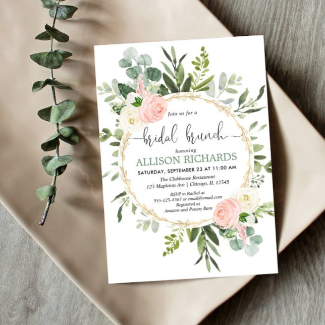 Invitación Greenery pink gold eucalyptus floral bridal brunch (Subido por el creador)