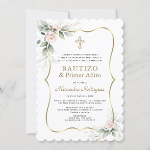 Invitación Greenery Pink Roses Spanish 1st Birthday Baptism