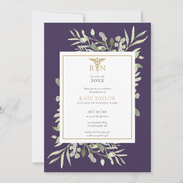 Invitación Greenery Purple RN Enfermería Graduación Foto (Anverso)