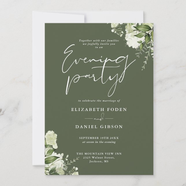 Invitación Greenery QR Code Olive Green Wedding Evening Party (Anverso)