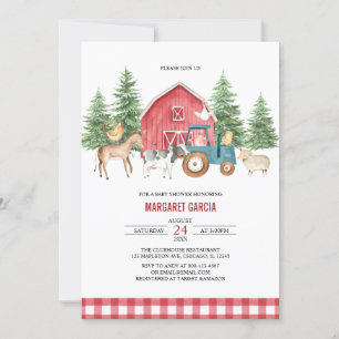Invitación Greenery Red Barnyard Farm Animals Baby Shower