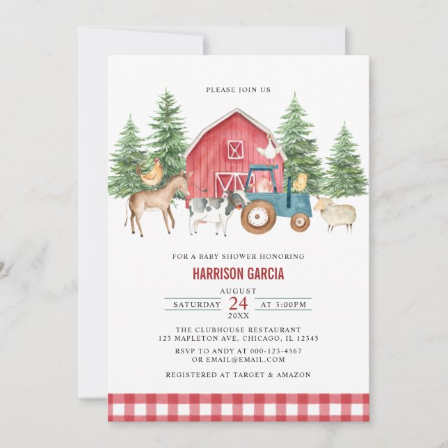 Invitación Greenery Red Barnyard Farm Animals Baby Shower (Anverso)