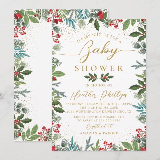 Invitación Greenery Red Holly Berries Navidades Baby Shower (Anverso / Reverso)