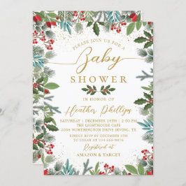 Invitación Greenery Red Holly Berries Navidades Baby Shower